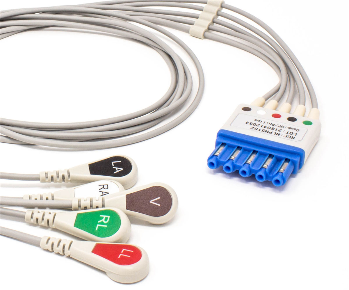 Кабели отведений ЭКГ Philips 78352C, 78354C, 78834C, от 862472 до 862475, C3 Monitor, 862478, 862479, 863064, 863065, 863066, 863068, SureSigns VM6, VM8, M1001A/B, M1002A/B, M3000A, M3001A, M3002A MMS X2, M8102A MP2 Monitor, M8105A MP5 Monitor, M4735A, M3535A, M3536A, 5 отведений, кнопка